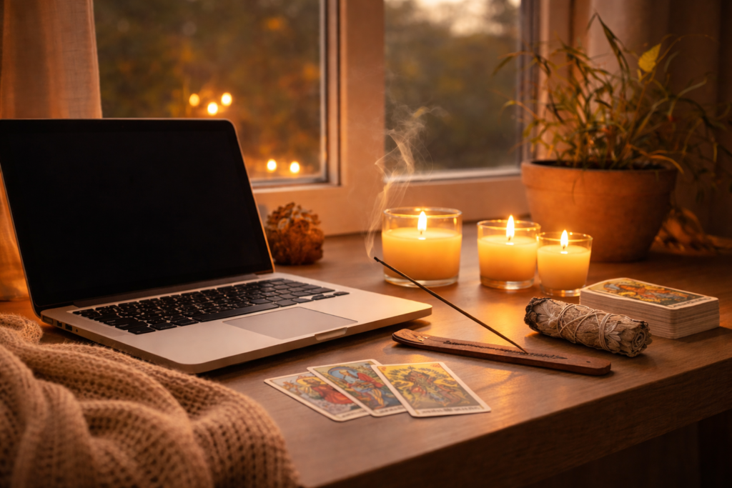 Laptop and lit candles on a desk by a window in the evening