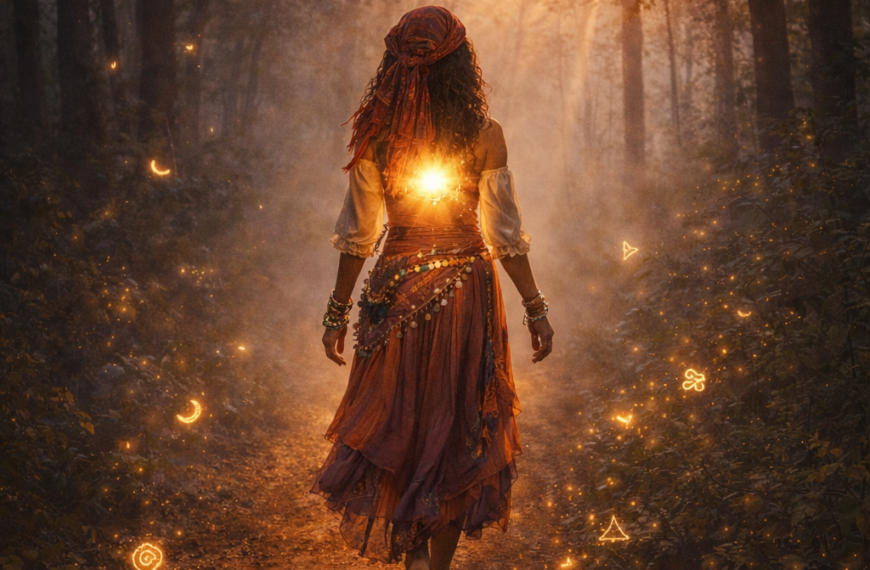 Woman walking barefoot through a glowing forest toward the light, symbolizing spiritual awakening