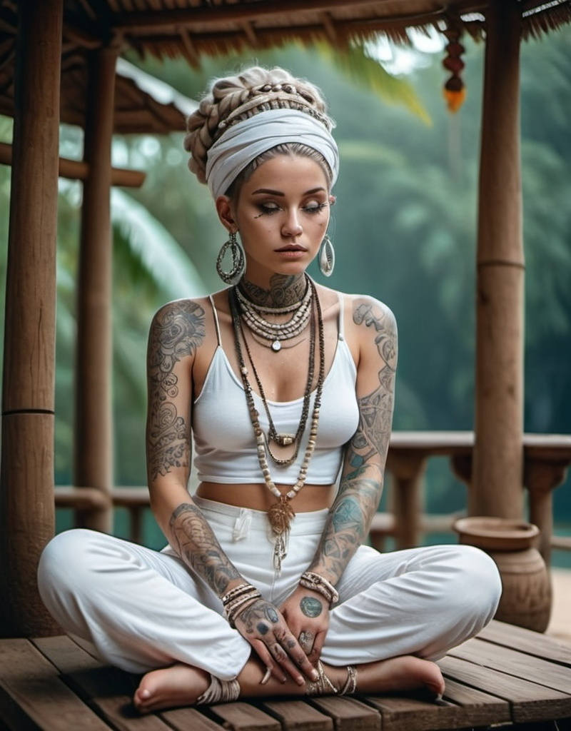 Woman with tattoos meditating cross-legged in white on a bamboo porch