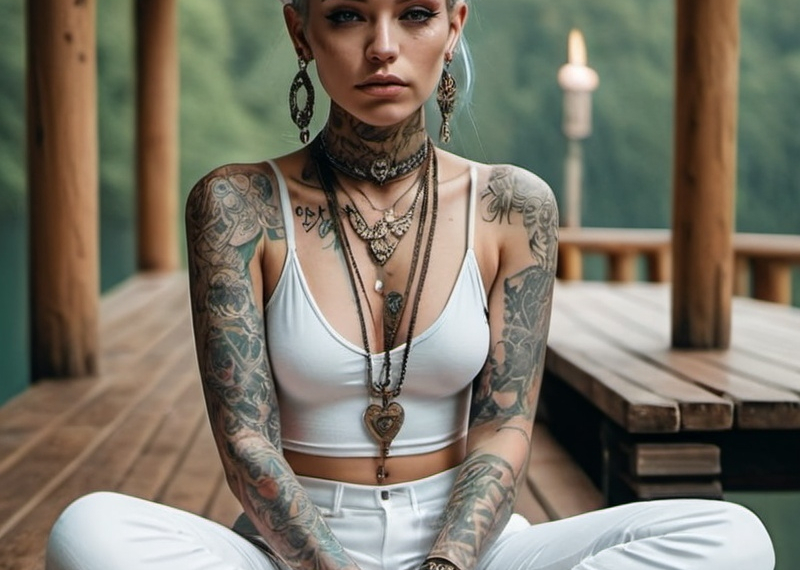 Woman sitting cross-legged in quiet meditation on a wooden deck