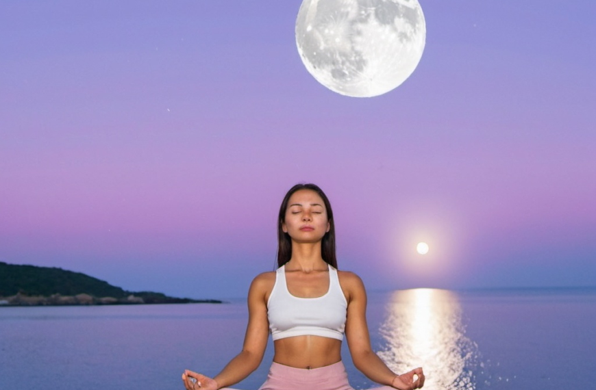 Woman meditating by the ocean under a full moon at dusk