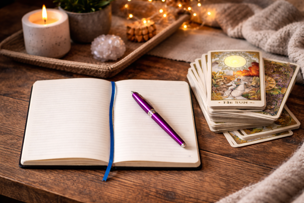Open journal with pen beside tarot cards in candlelight