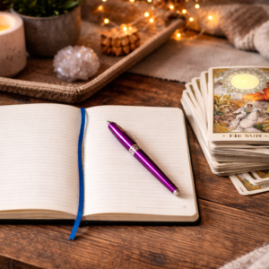 Open journal with pen beside tarot cards in candlelight
