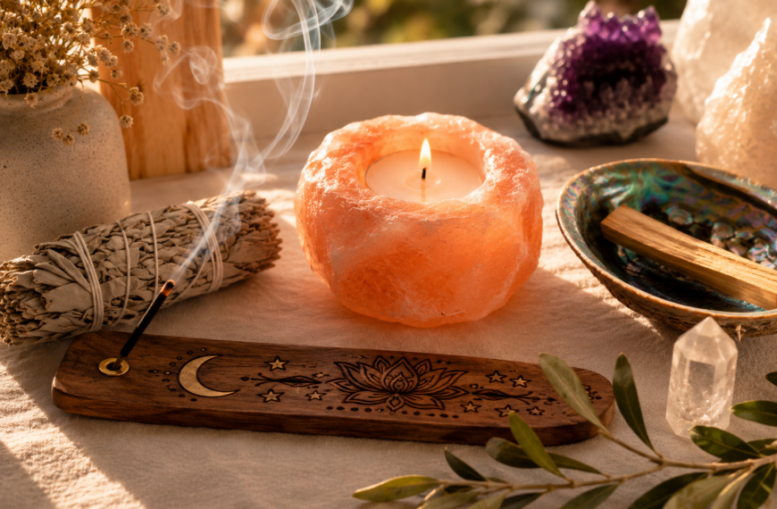 Lit candle, incense, and amethyst crystals on a personal home altar